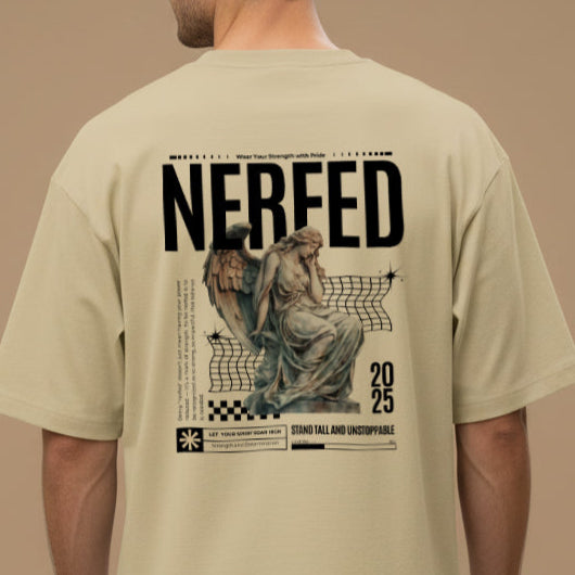 Beige t-shirt with 'NERFED' design on the back, featuring an angel statue and text.